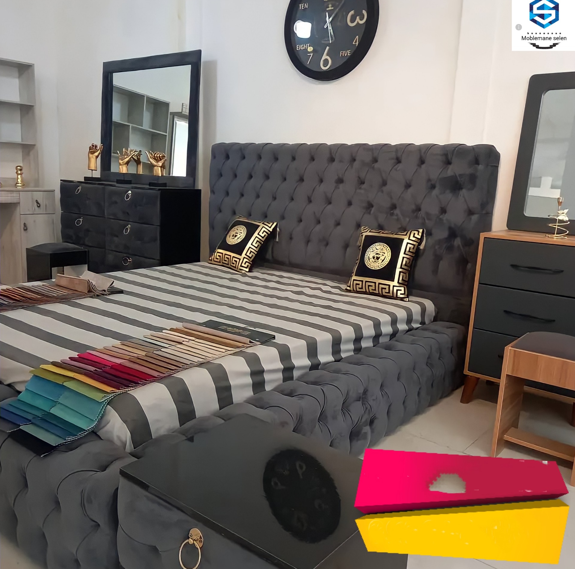  سرویس خواب دونفره مدل چستر جنس mdf ابعاد تخت 200×160×115شامل تخت دونفره کفی تخت دوتا پاتختی میز آرایش قاب آینه صندلی تخت لمسه دست پارچه دیاموند دارای رنگبندی 