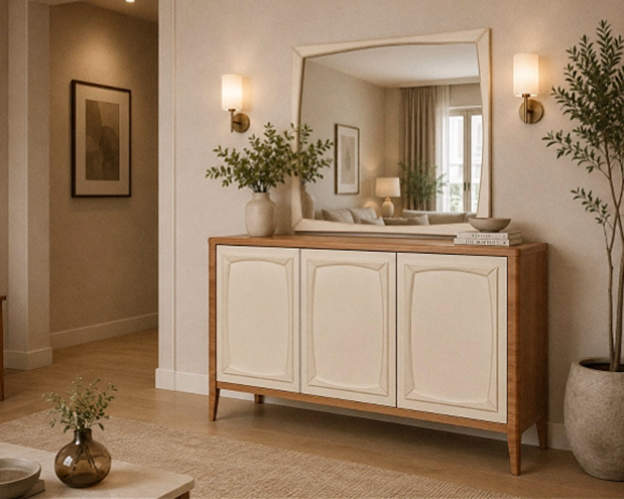  ست میز تلویزیون و کنسول مدل لاوین جنس mdf ابعاد میز تلویزیون 160×43×33ابعاد کنسول 140×80×37میز تلویزیون دوتکه مناسب تلویزیون تا 64 اینچکنسول سه درب به همراه آینه مستطیل