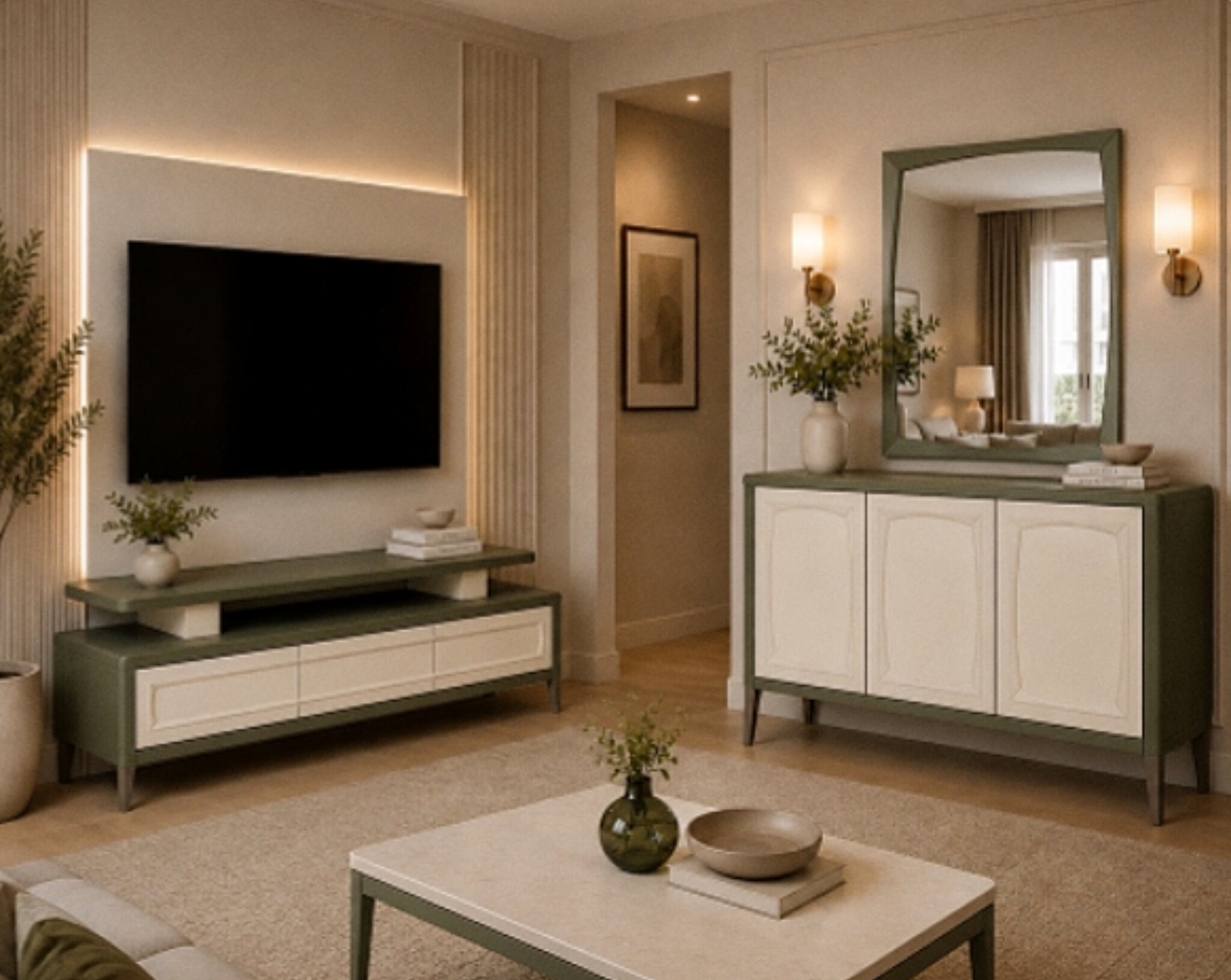  ست میز تلویزیون و کنسول مدل لاوین جنس mdf ابعاد میز تلویزیون 160×43×33ابعاد کنسول 140×80×37میز تلویزیون دوتکه مناسب تلویزیون تا 64 اینچکنسول سه درب به همراه آینه مستطیل