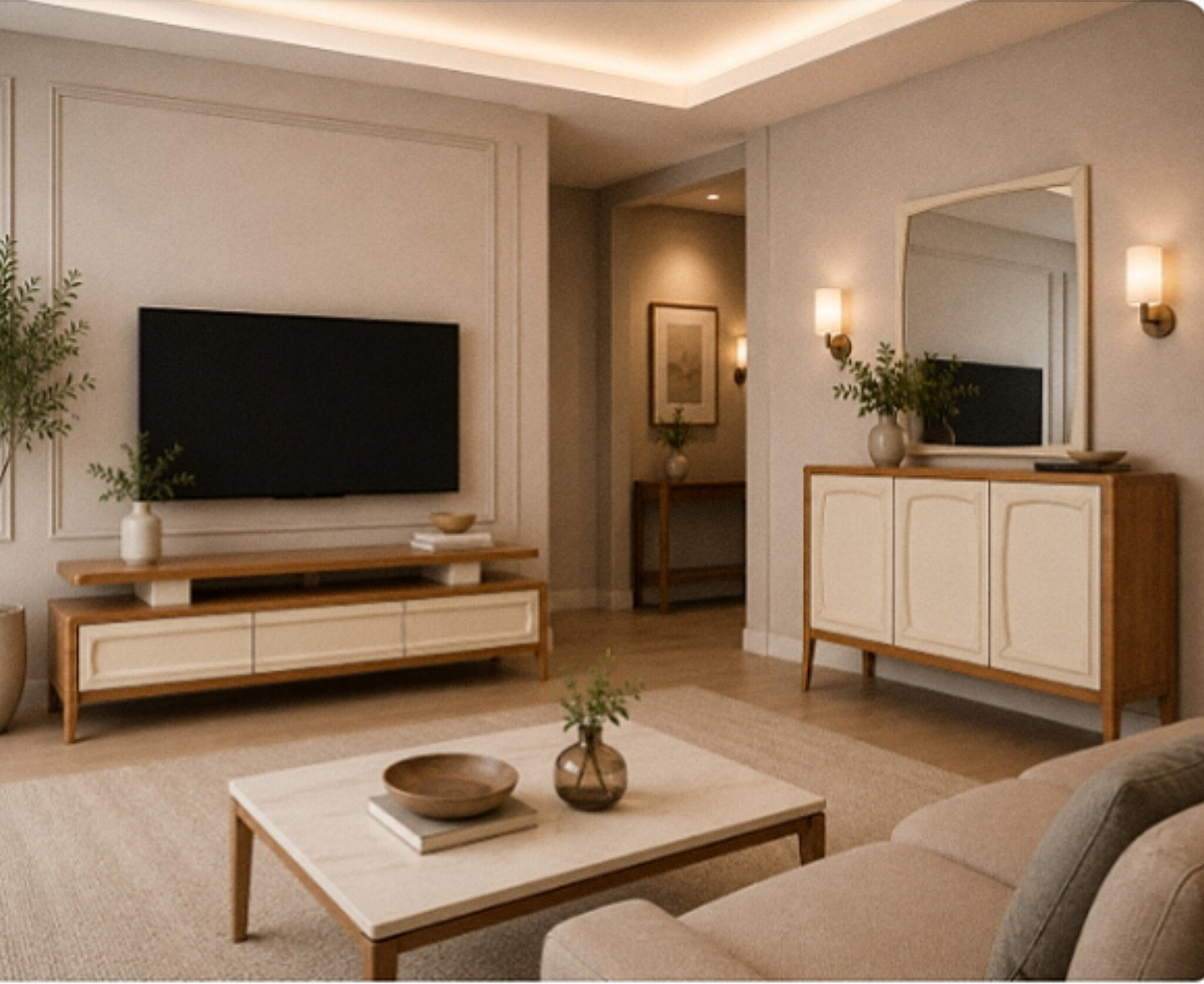  ست میز تلویزیون و کنسول مدل لاوین جنس mdf ابعاد میز تلویزیون 160×43×33ابعاد کنسول 140×80×37میز تلویزیون دوتکه مناسب تلویزیون تا 64 اینچکنسول سه درب به همراه آینه مستطیل