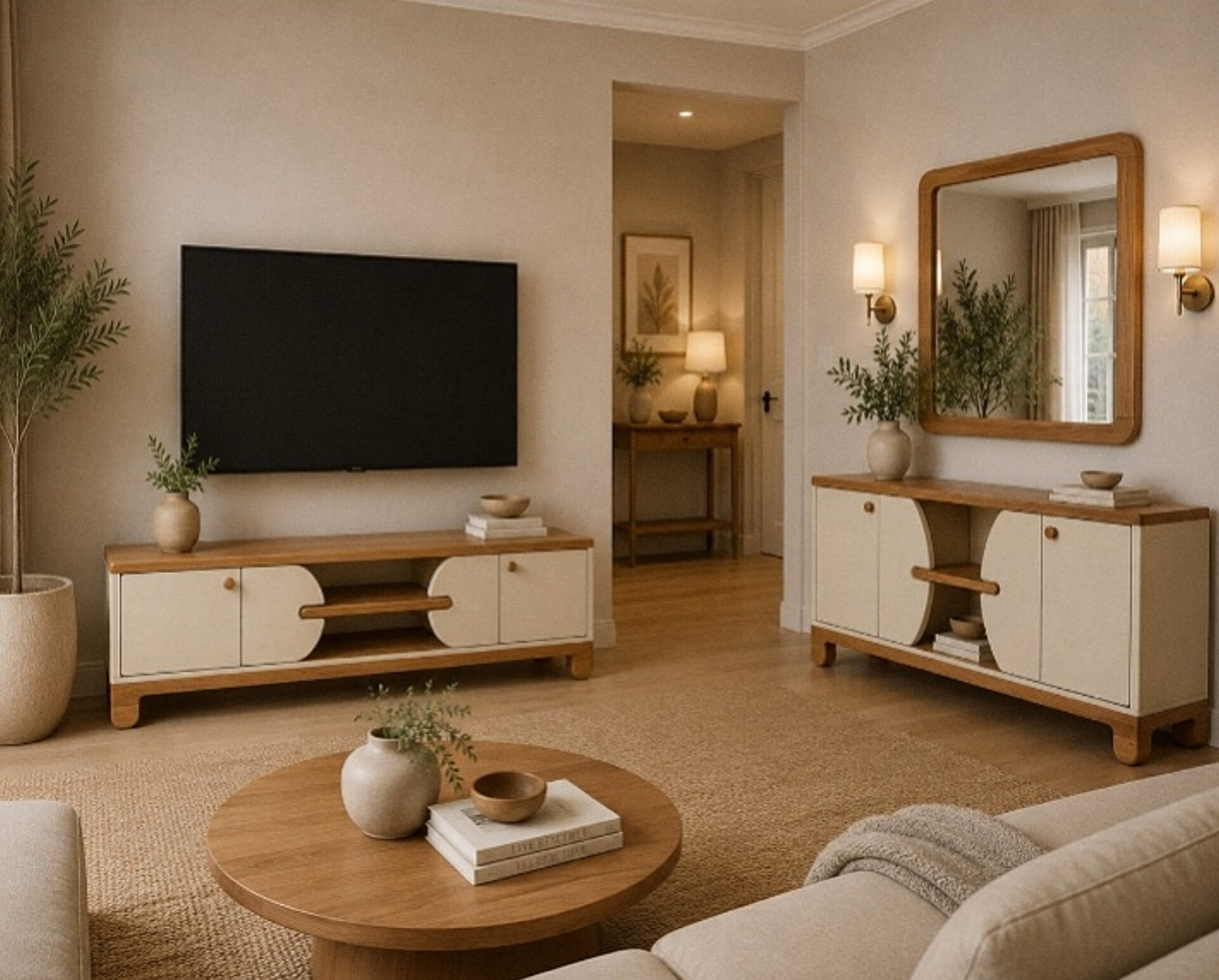  ست میز تلویزیون و کنسول مدل رادوجنس mdf ابعاد میز تلویزیون 160×43×33ابعاد کنسول 140×80×37میز تلویزیون شیک و دورنگمناسب تلویزیون تا 64 اینچکنسول دو درب به همراه آینه مستطیل