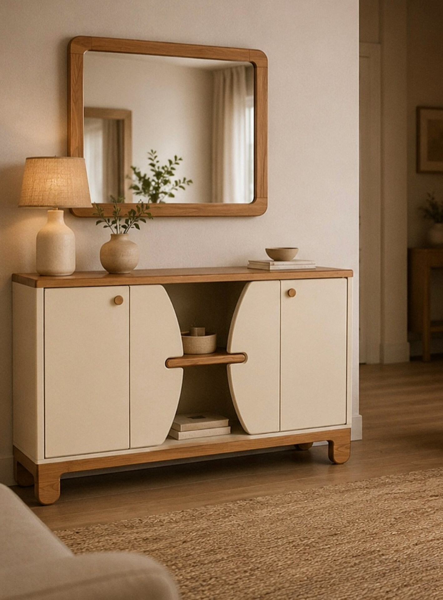  ست میز تلویزیون و کنسول مدل رادوجنس mdf ابعاد میز تلویزیون 160×43×33ابعاد کنسول 140×80×37میز تلویزیون شیک و دورنگمناسب تلویزیون تا 64 اینچکنسول دو درب به همراه آینه مستطیل