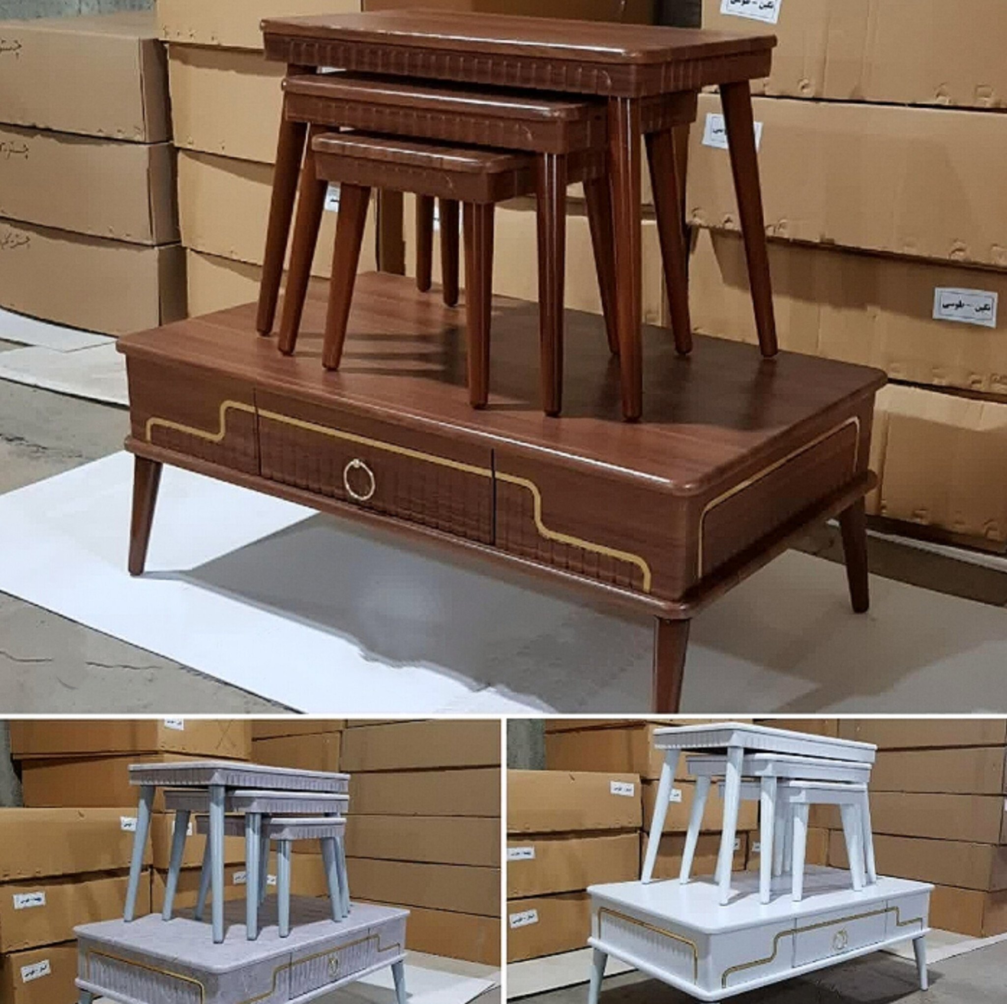  میز جلومبلی و عسلی مدل سیلوا 4 عددی جنس mdf ابعاد 100×67×32روکش وکیوم 3 دهم پایه های abs جلومبلی تک کشو و عسلی های زیر هم رو دارای رنگبندی 