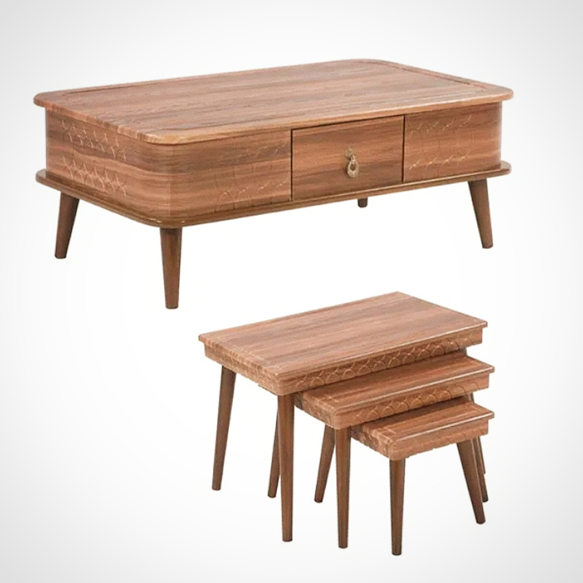  میز جلومبلی و عسلی مدل لیما 4عددی جنس mdf ابعاد100×67×35یک جلومبلی دوکشو و سه تا میز عسلی زیرهم رو پایه،ها،abs و پیچی دارای رنگبندی دارای بسته بندی کارتن 