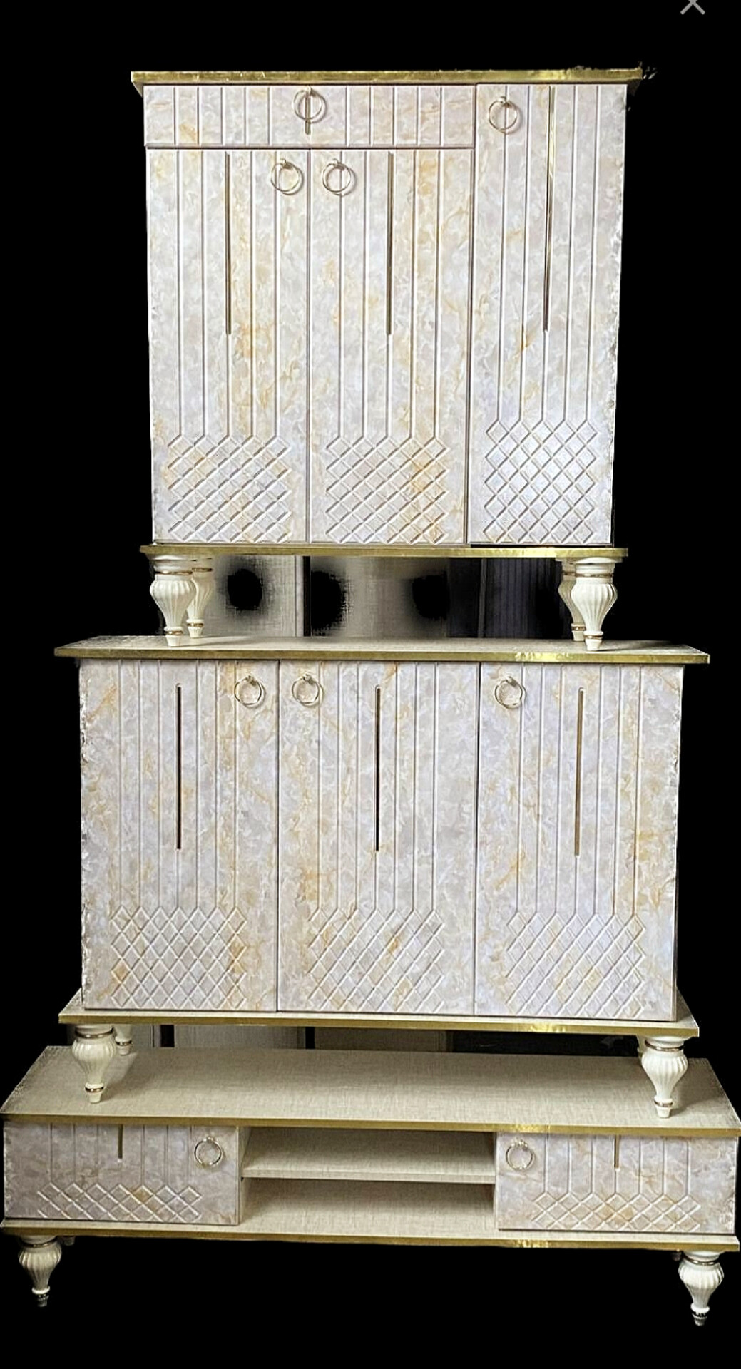   ست میز تلویزیون میز کنسول و جاکفشی 4 عددی جنس بدنه ملامینه و نما mdf وکیومابعاد میز تلویزیون 140×33×45مناسب تلویزیون تا 55اینچ میز کنسول 120×35×80جاکفشی 80×32×87لولای آرام بند برای درب ها پایه های پیچینوار وکیوم 0/3  