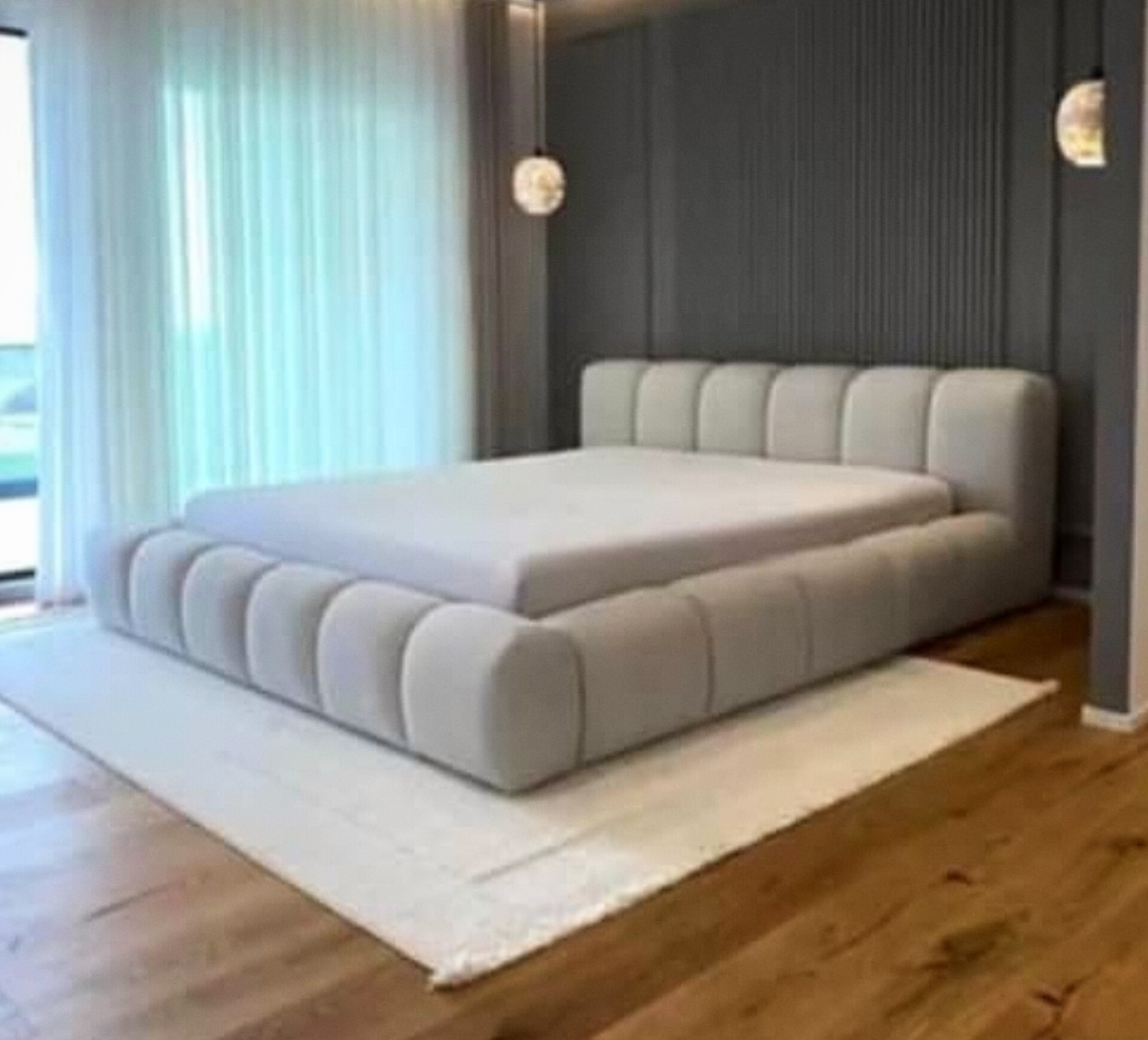  تخت خواب دونفره مدل نیوتدی جنس mdf تمام پارچه ابعاد 160×200×115پارچه تدی کازان زیرکار ۸ سانت اسفنج دارای دوتا کفی تخت