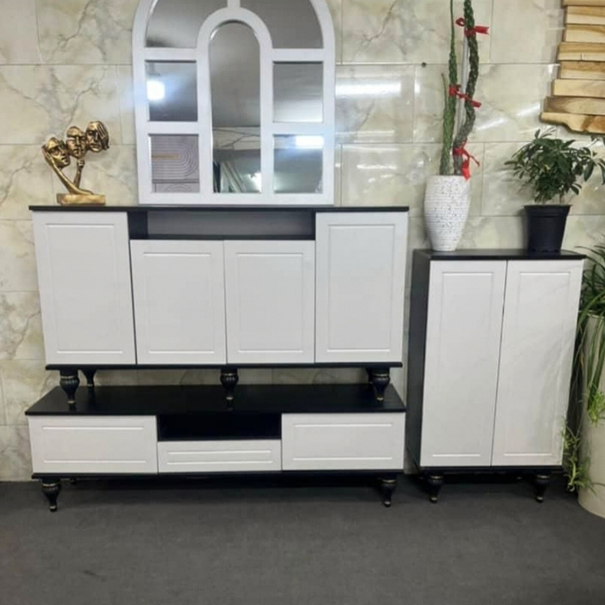  ست میز تلویزیون میز کنسول و اینه و جاکفشی 4 تکه جنس mdf ابعاد 160×34×45مناسب تا تلویزیون تا 64 اینچ 120×40×80‌60×32×87 میز tv دو درب و یک کشو کنسول 4دربجاکفشی 2 درب و یک کشو کار شیک و دورنگ،لولای آ ام بند قاب آینه گرد