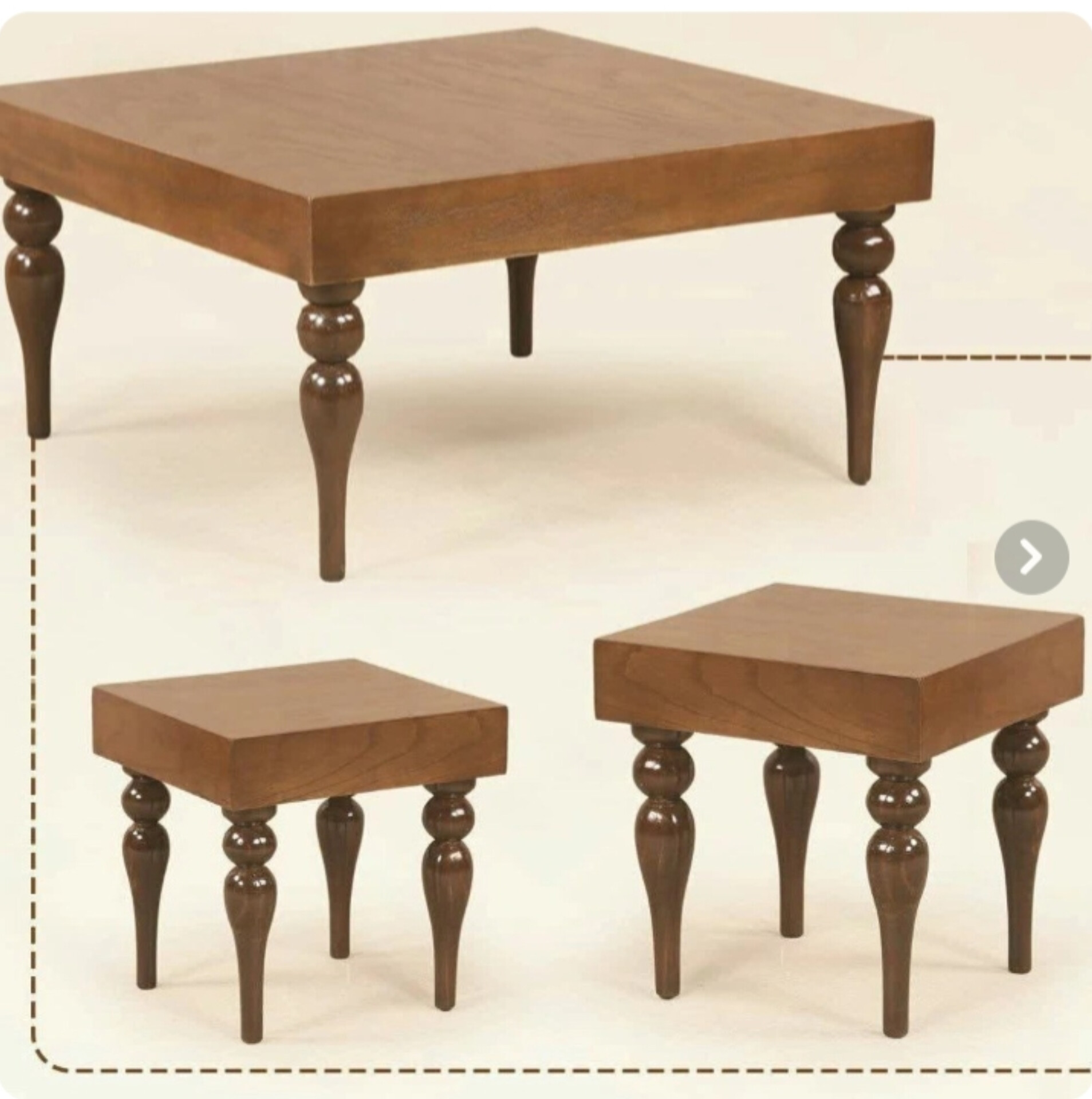  میز جلو مبلی و عسلی مدل شمعی 3تکهیک جل‌مبلی و دوتا عسلی جنس چوب روسابعاد 90×60×4540×40×45پایه ها خراطی دارای رنگبندی دارای رنگبندی  