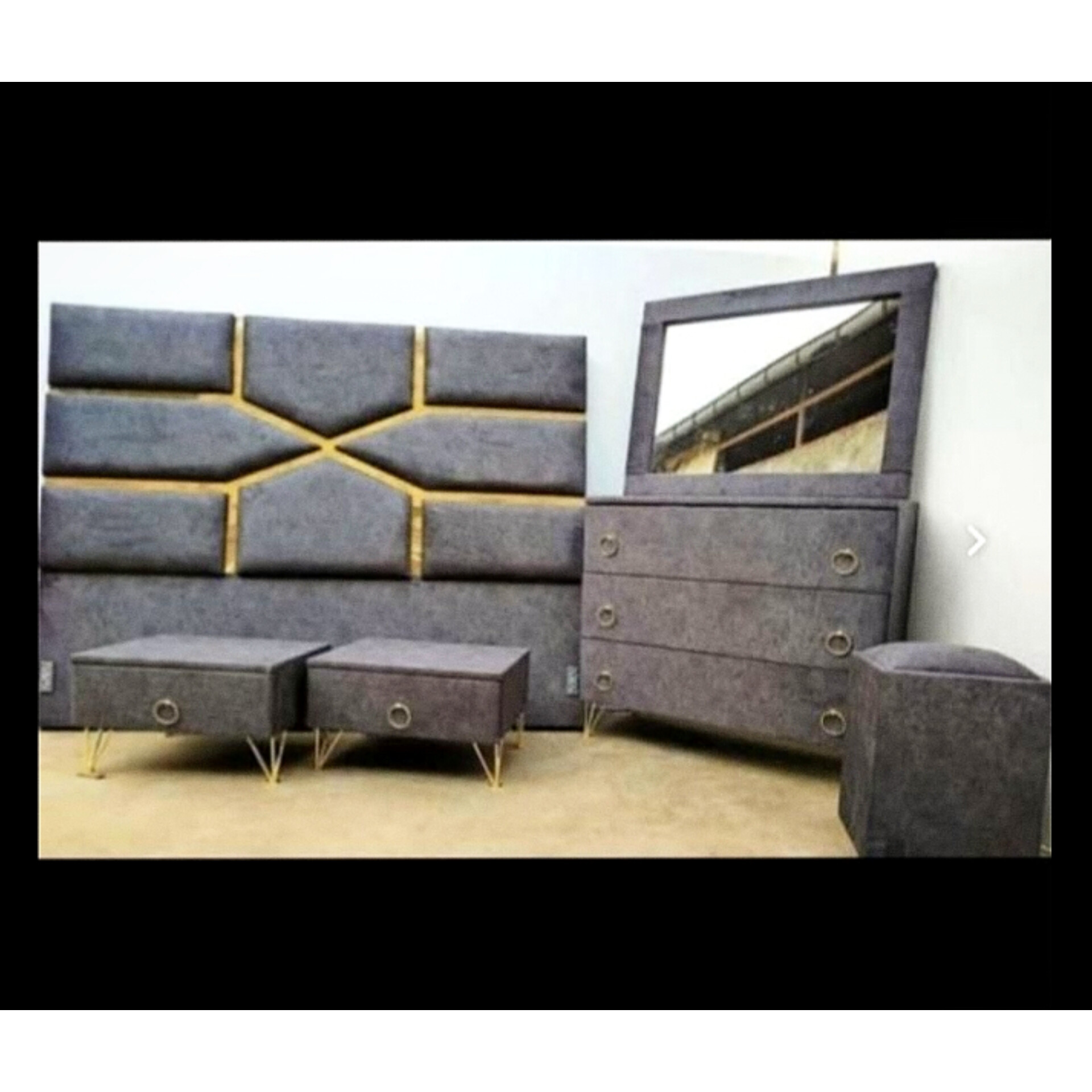  سرویس خواب دونفره مدل لیزریجنس mdf تمام پارجه ابعاد 200×160×115شامل تختخواب دونفره -2 تا کفی تخت-2 تا پاتختی -میز ارایش-قاب آینه -صندلی دارای رنگبندی پارچه 