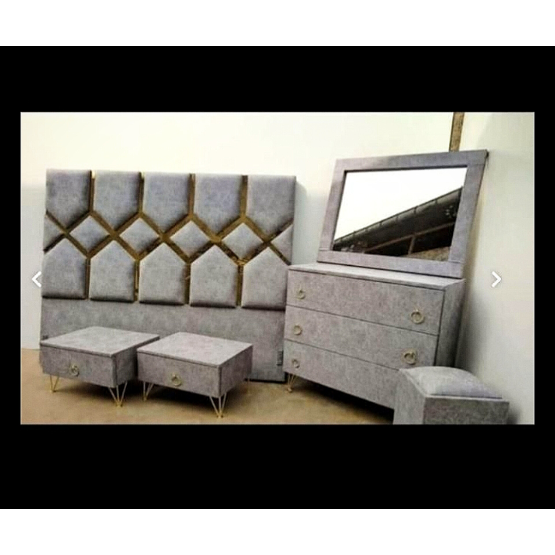  سرویس خواب دونفره مدل لیزریجنس mdf تمام پارجه ابعاد 200×160×115شامل تختخواب دونفره -2 تا کفی تخت-2 تا پاتختی -میز ارایش-قاب آینه -صندلی دارای رنگبندی پارچه 
